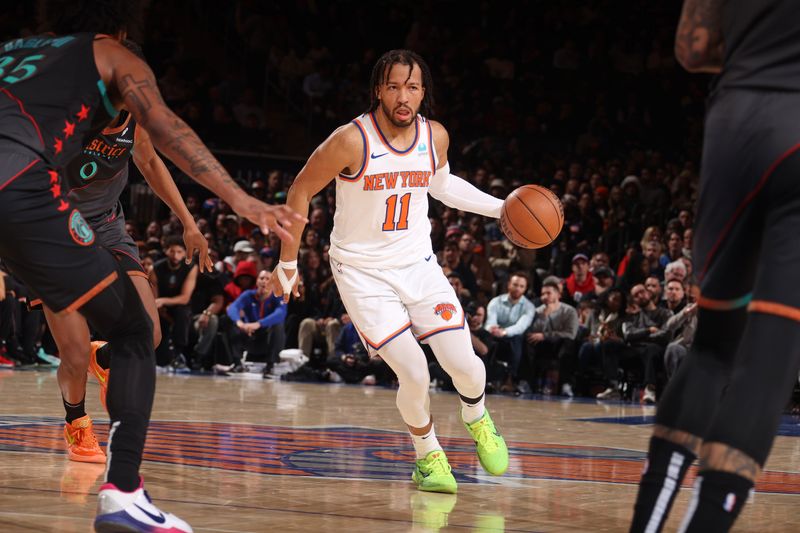 NEW YORK, NY - JANUARY 18: Jalen Brunson #11 of the New York Knicks dribbles the ball during the game against the Washington Wizards on January 18, 2024 at Madison Square Garden in New York City, New York. NOTE TO USER: User expressly acknowledges and agrees that, by downloading and or using this photograph, User is consenting to the terms and conditions of the Getty Images License Agreement. Mandatory Copyright Notice: Copyright 2024 NBAE  (Photo by Nathaniel S. Butler/NBAE via Getty Images)