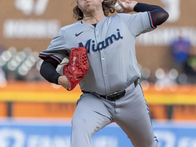 May 14, 2024; Detroit, Michigan, USA; Miami Marlins starting pitcher Ryan Weathers (60) delivers in the first inning against the Detroit Tigers at Comerica Park. Mandatory Credit: David Reginek-USA TODAY Sports