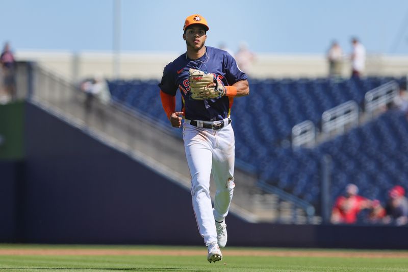 Feb 25, 2024; West Palm Beach, Florida, USA; Houston Astros shortstop Jeremy Pena (3) looks on from the field against the St. Louis Cardinals during the third inning at CACTI Park of the Palm Beaches. Mandatory Credit: Sam Navarro-USA TODAY Sports