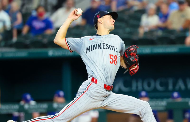 Aug 17, 2024; Arlington, Texas, USA;  Minnesota Twins starting pitcher David Festa (58) throws during the first inning against the Texas Rangers at Globe Life Field. Mandatory Credit: Kevin Jairaj-USA TODAY Sports