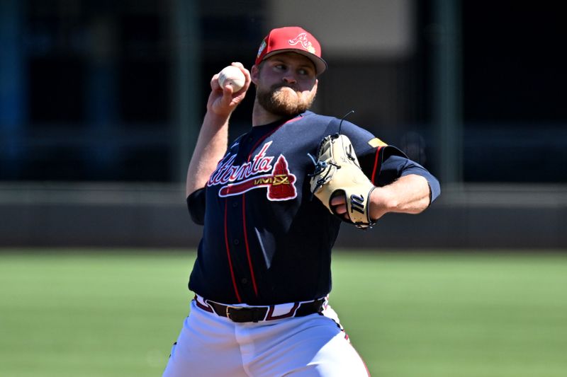Feb 25, 2026; North Port, Florida, USA;  Atlanta Braves starting pitcher Bryce Elder (55) throws a pitch in the first inning against the Pittsburgh Pirates during spring training at CoolToday Park. Mandatory Credit: Jonathan Dyer-Imagn Images