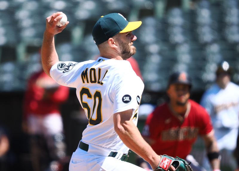 May 17, 2023; Oakland, California, USA; Oakland Athletics relief pitcher Sam Moll (60) pitches the ball against the Arizona Diamondbacks during the eighth inning at Oakland-Alameda County Coliseum. Mandatory Credit: Kelley L Cox-USA TODAY Sports