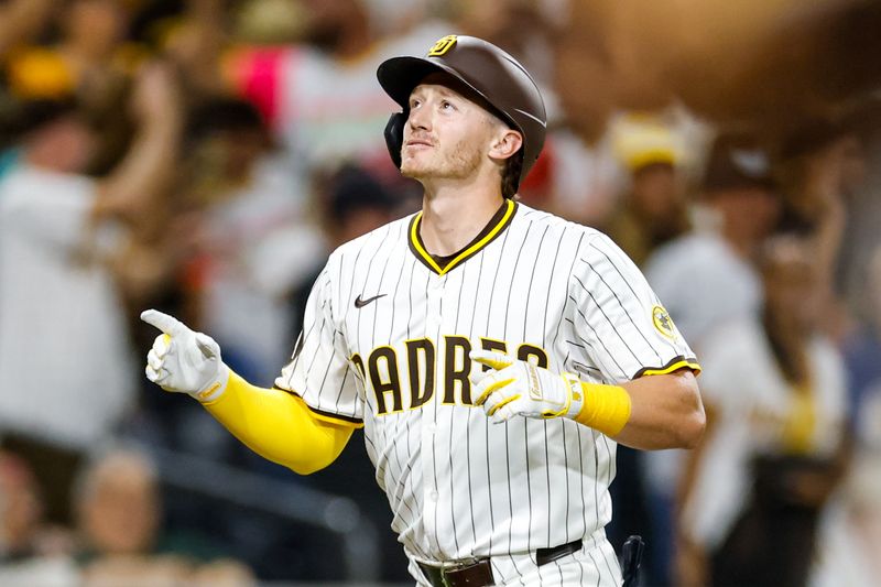 Sep 13, 2025; San Diego, California, USA; San Diego Padres pitch hitter Bryce Johnson (29) celebrates after hitting a two-run home run during the eighth inning against the Colorado Rockies at Petco Park. Mandatory Credit: David Frerker-Imagn Images