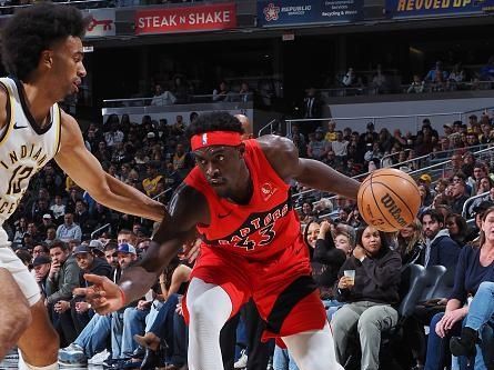 INDIANAPOLIS, IN - NOVEMBER 22: Pascal Siakam #43 of the Toronto Raptors/ dribbles the ball during the game against the Indiana Pacers on November 22, 2023 at Gainbridge Fieldhouse in Indianapolis, Indiana. NOTE TO USER: User expressly acknowledges and agrees that, by downloading and or using this Photograph, user is consenting to the terms and conditions of the Getty Images License Agreement. Mandatory Copyright Notice: Copyright 2023 NBAE (Photo by Ron Hoskins/NBAE via Getty Images)