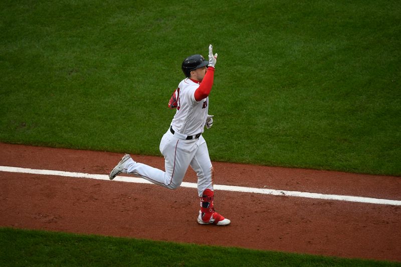 Sep 24, 2023; Boston, Massachusetts, USA;  Boston Red Sox right fielder Adam Duvall (18) reacts after hitting a home run during the sixth inning against the Chicago White Sox at Fenway Park. Mandatory Credit: Bob DeChiara-USA TODAY Sports