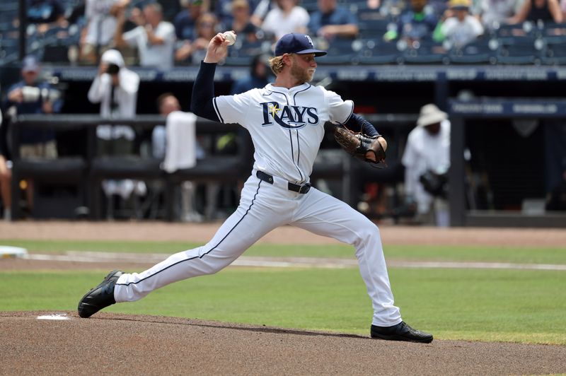 May 1, 2025; St. Petersburg, Florida, USA;  Tampa Bay Rays starting pitcher Shane Baz (11) throws a pitch against the Kansas City Royals during the first inning at George M. Steinbrenner Field. Mandatory Credit: Kim Klement Neitzel-Imagn Images