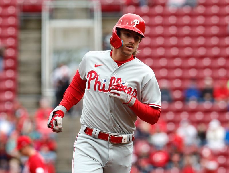 Apr 16, 2023; Cincinnati, Ohio, USA; Philadelphia Phillies second baseman Bryson Stott rounds the bases after hitting a solo home run against the Cincinnati Reds during the first inning at Great American Ball Park. Mandatory Credit: David Kohl-USA TODAY Sports