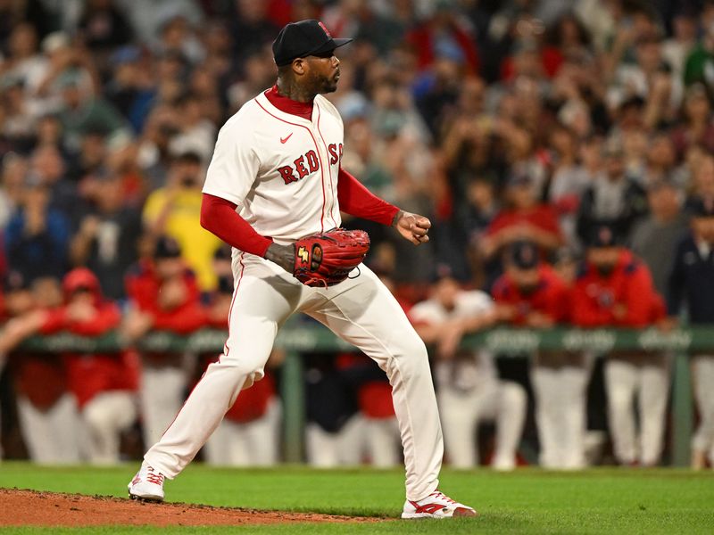 Sep 14, 2025; Boston, Massachusetts, USA;  Boston Red Sox relief pitcher Aroldis Chapman (44) reacts after a game against the New York Yankees at Fenway Park. Mandatory Credit: Brian Fluharty-Imagn Images