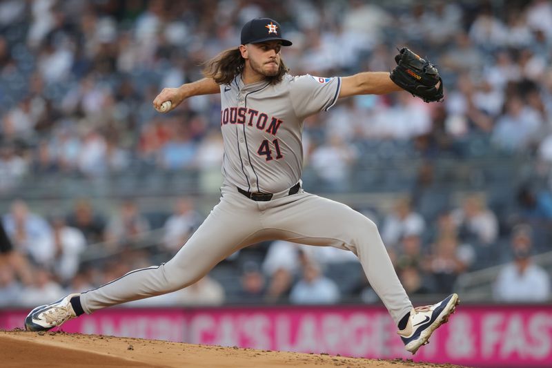 May 8, 2024; Bronx, New York, USA; Houston Astros starting pitcher Spencer Arrighetti (41) pitches against the New York Yankees during the first inning at Yankee Stadium. Mandatory Credit: Brad Penner-USA TODAY Sports