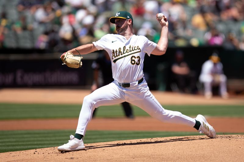 Jun 23, 2024; Oakland, California, USA; Oakland Athletics starting pitcher Hogan Harris (63) delivers a pitch against the Minnesota Twins during the first inning at Oakland-Alameda County Coliseum. Mandatory Credit: D. Ross Cameron-USA TODAY Sports