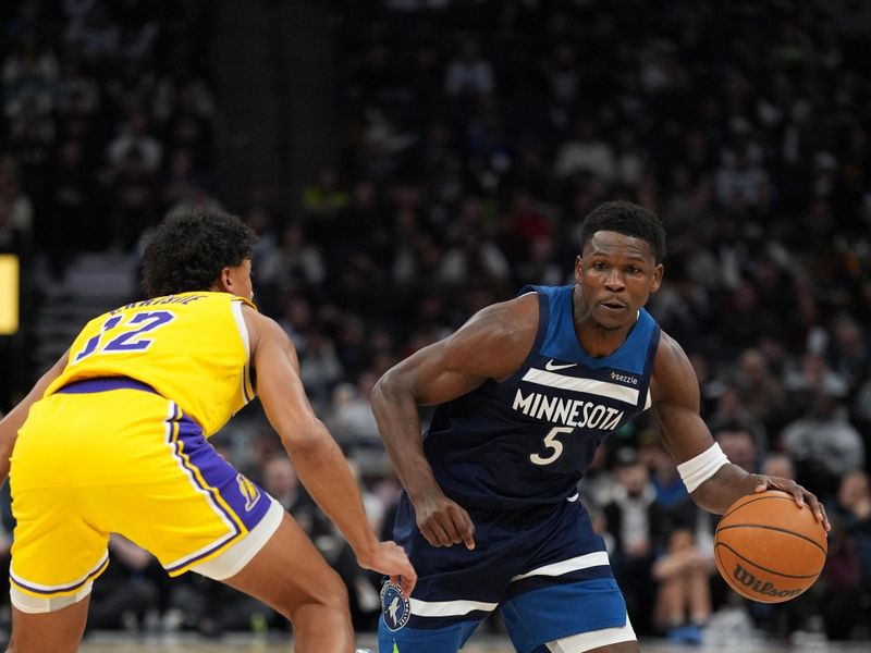 MINNEAPOLIS, MN -  DECEMBER 13: Anthony Edwards #5 of the Minnesota Timberwolves dribbles the ball during the game against the Los Angeles Lakers on December 13, 2024 at Target Center in Minneapolis, Minnesota. NOTE TO USER: User expressly acknowledges and agrees that, by downloading and or using this Photograph, user is consenting to the terms and conditions of the Getty Images License Agreement. Mandatory Copyright Notice: Copyright 2024 NBAE (Photo by Jordan Johnson/NBAE via Getty Images)