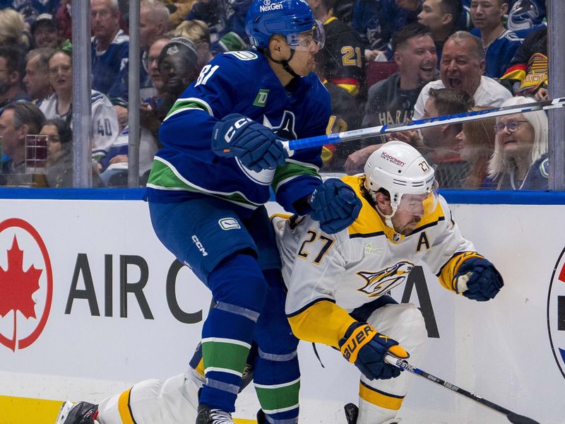 Apr 21, 2024; Vancouver, British Columbia, CAN; Vancouver Canucks forward Dakota Joshua (81) checks Nashville Predators defenseman Ryan McDonagh (27) in the first period in game one of the first round of the 2024 Stanley Cup Playoffs at Rogers Arena. Mandatory Credit: Bob Frid-USA TODAY Sports