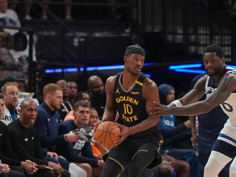 MINNEAPOLIS, MN -  MAY 6: Jimmy Butler #10 of the Golden State Warriors handles the ball during the game against the Minnesota Timberwolves during Round 2 Game 1 of the 2025 NBA Playoffs on May 6, 2025 at Target Center in Minneapolis, Minnesota. NOTE TO USER: User expressly acknowledges and agrees that, by downloading and or using this Photograph, user is consenting to the terms and conditions of the Getty Images License Agreement. Mandatory Copyright Notice: Copyright 2025 NBAE (Photo by Jesse D. Garrabrant/NBAE via Getty Images)