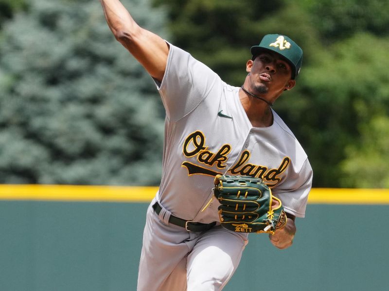 Jul 30, 2023; Denver, Colorado, USA; Oakland Athletics starting pitcher Luis Medina (46) pitches in the first inning against the Colorado Rockies at Coors Field. Mandatory Credit: Ron Chenoy-USA TODAY Sports