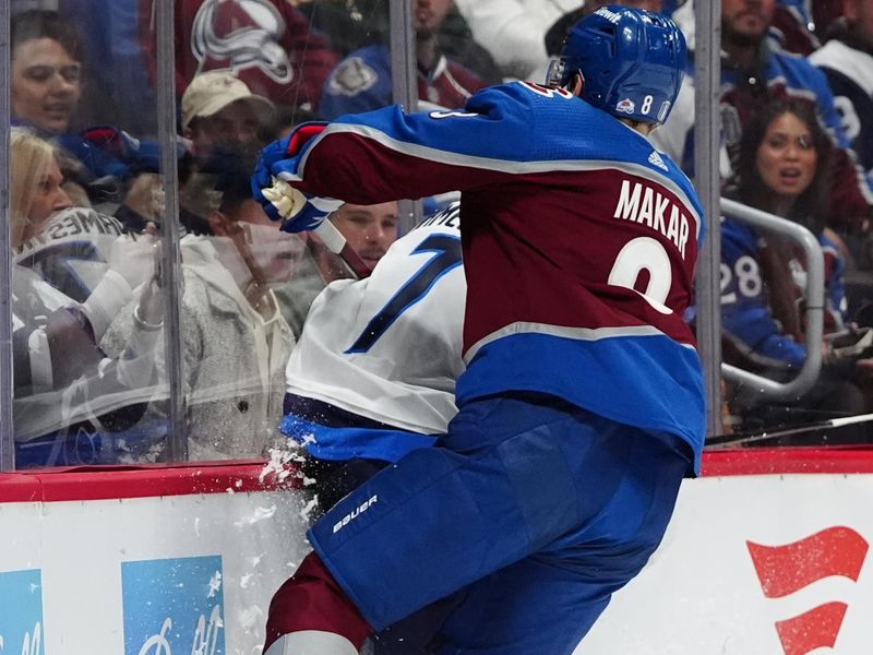 Apr 28, 2024; Denver, Colorado, USA; Colorado Avalanche defenseman Cale Makar (8) checks Winnipeg Jets center Vladislav Namestnikov (7) during the first period in game four of the first round of the 2024 Stanley Cup Playoffs at Ball Arena. Mandatory Credit: Ron Chenoy-USA TODAY Sports