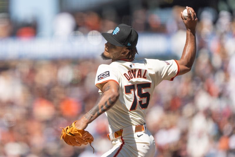 Jun 16, 2024; San Francisco, California, USA; San Francisco Giants relief pitcher Camilo Doval (75) pitches during the ninth inning against the Los Angeles Angels at Oracle Park. Mandatory Credit: Stan Szeto-USA TODAY Sports