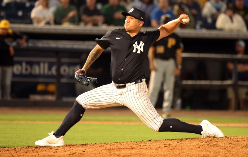 Mar 20, 2024; Tampa, Florida, USA; New York Yankees relief pitcher Victor Gonzalez (47) throws a pitch during the fourth inning against the Pittsburgh Pirates at George M. Steinbrenner Field. Mandatory Credit: Kim Klement Neitzel-USA TODAY Sports