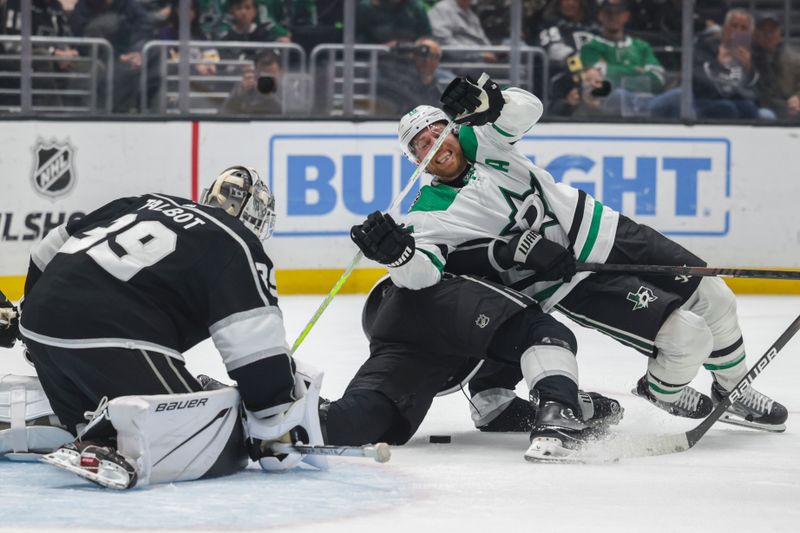 Mar 9, 2024; Los Angeles, California, USA; Dallas Stars center Joe Pavelski (16) attempts to score as Los Angeles Kings goalie Cam Talbot (33) defends during the first period at Crypto.com Arena. Mandatory Credit: Yannick Peterhans-USA TODAY Sports