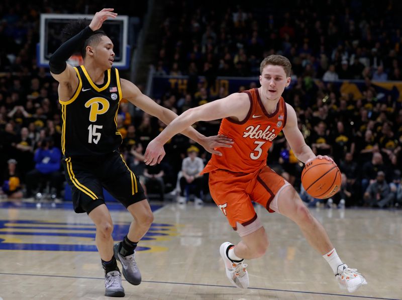 Feb 24, 2024; Pittsburgh, Pennsylvania, USA;  Virginia Tech Hokies guard Sean Pedulla (3) drives to the basket against Pittsburgh Panthers guard Jaland Lowe (15) during the first half at the Petersen Events Center. Mandatory Credit: Charles LeClaire-USA TODAY Sports