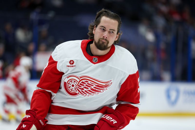 Jan 18, 2025; Tampa, Florida, USA; Detroit Red Wings defenseman Justin Holl (3) warms up before a game against the Tampa Bay Lightning at Amalie Arena. Mandatory Credit: Nathan Ray Seebeck-Imagn Images