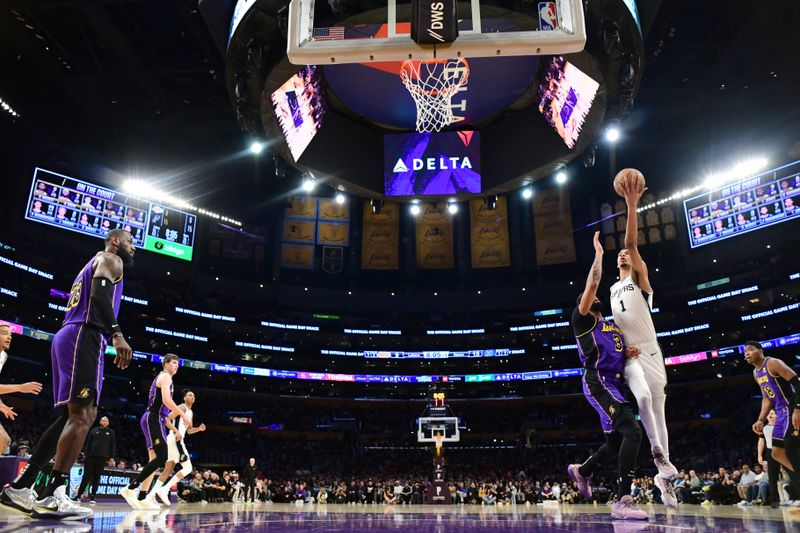 LOS ANGELES, CA - FEBRUARY 23:  Victor Wembanyama #1 of the San Antonio Spurs goes to the basket during the game on February 23, 2024 at Crypto.Com Arena in Los Angeles, California. NOTE TO USER: User expressly acknowledges and agrees that, by downloading and/or using this Photograph, user is consenting to the terms and conditions of the Getty Images License Agreement. Mandatory Copyright Notice: Copyright 2024 NBAE (Photo by Adam Pantozzi/NBAE via Getty Images)