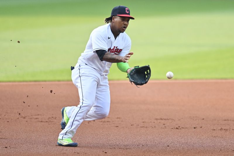 Jun 6, 2023; Cleveland, Ohio, USA; Cleveland Guardians third baseman Jose Ramirez (11) fields a ball hit by Boston Red Sox designated hitter Justin Turner (not pictured) during the first inning at Progressive Field. Mandatory Credit: Ken Blaze-USA TODAY Sports