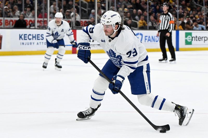 Nov 11, 2025; Boston, Massachusetts, USA; Toronto Maple Leafs left wing Sammy Blais (79) takes a shot against the Boston Bruins during the second period at the TD Garden. Mandatory Credit: Brian Fluharty-Imagn Images