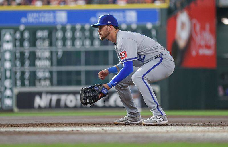 Aug 31, 2024; Houston, Texas, USA; Kansas City Royals first baseman Nick Loftin (12) waits for a pitch during the second inning against the Houston Astros at Minute Maid Park. Mandatory Credit: Troy Taormina-USA TODAY Sports
