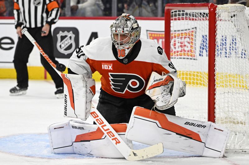 Feb 3, 2026; Philadelphia, Pennsylvania, USA; Philadelphia Flyers goaltender Dan Vladar (80) makes a save against the Washington Capitals during the second period at Xfinity Mobile Arena. Mandatory Credit: Eric Hartline-Imagn Images