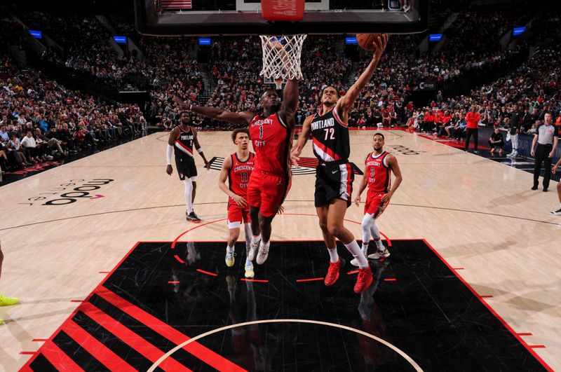 PORTLAND, OR - APRIL 9: Rayan Rupert #72 of the Portland Trail Blazers drives to the basket during the game against the New Orleans Pelicans on April 9, 2024 at the Moda Center Arena in Portland, Oregon. NOTE TO USER: User expressly acknowledges and agrees that, by downloading and or using this photograph, user is consenting to the terms and conditions of the Getty Images License Agreement. Mandatory Copyright Notice: Copyright 2024 NBAE (Photo by Cameron Browne/NBAE via Getty Images)