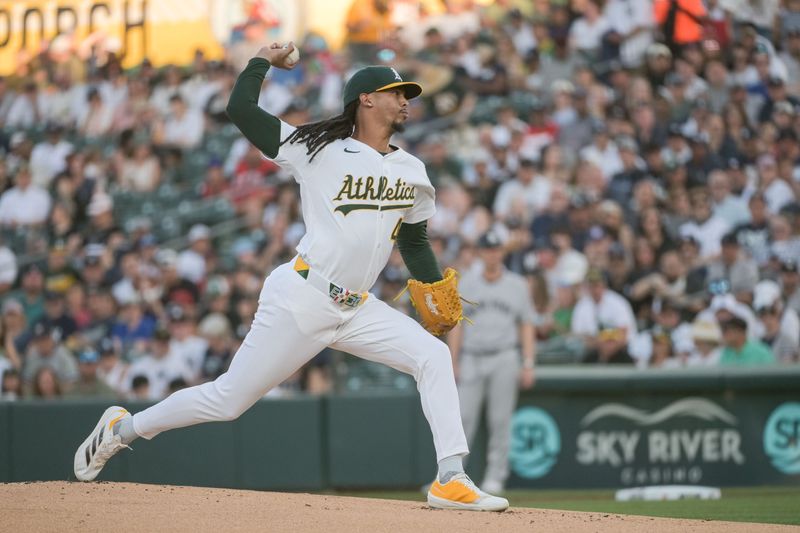 May 9, 2025; West Sacramento, California, USA; Athletics pitcher Osvaldo Bido (45) throws a pitch against the New York Yankees during the first inning at Sutter Health Park. Mandatory Credit: Ed Szczepanski-Imagn Images