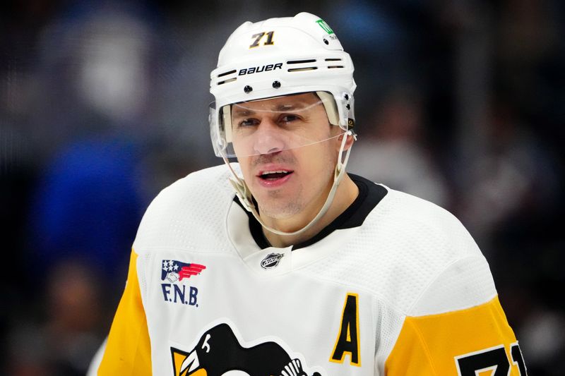 Mar 24, 2024; Denver, Colorado, USA; Pittsburgh Penguins center Evgeni Malkin (71) before the game against the Colorado Avalanche at Ball Arena. Mandatory Credit: Ron Chenoy-USA TODAY Sports