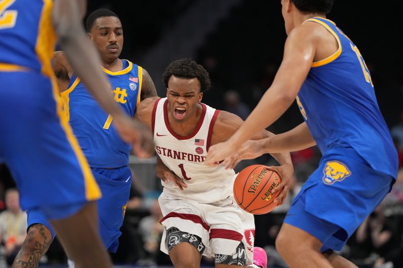 Mar 10, 2026; Charlotte, NC, USA; Stanford Cardinal guard Ebuka Okorie (1) with the ball as Pittsburgh Panthers guard Damarco Minor (7) and forward Roman Siulepa (13) defend in the second half at Spectrum Center. Mandatory Credit: Bob Donnan-Imagn Images