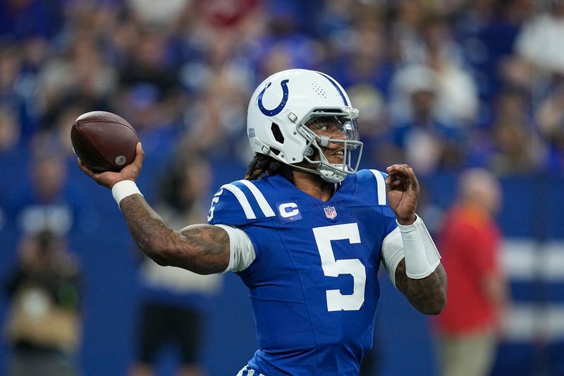 Indianapolis Colts quarterback Anthony Richardson throws during an NFL football game against the Los Angeles Rams, Sunday, Oct. 1, 2023, in Indianapolis. (AP Photo/Darron Cummings)