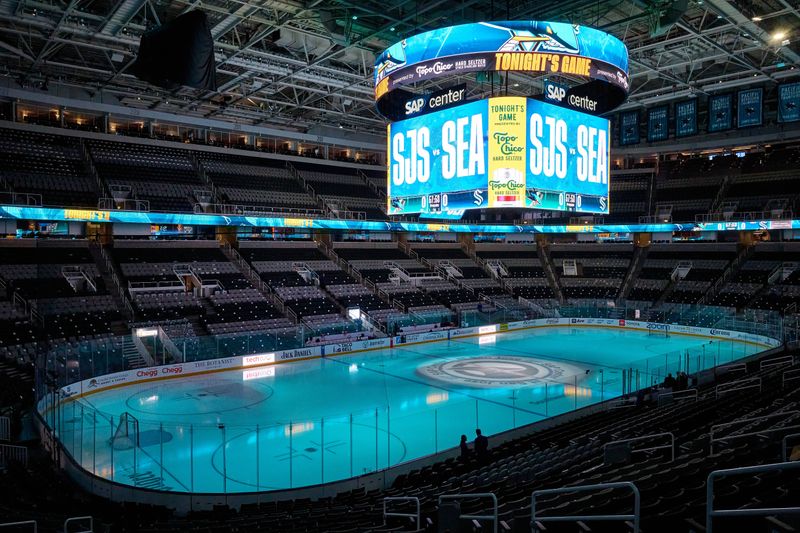 Jan 30, 2024; San Jose, California, USA; A general view of SAP Center at San Jose before the game between the San Jose Sharks and the Seattle Kraken. Mandatory Credit: Robert Edwards-USA TODAY Sports