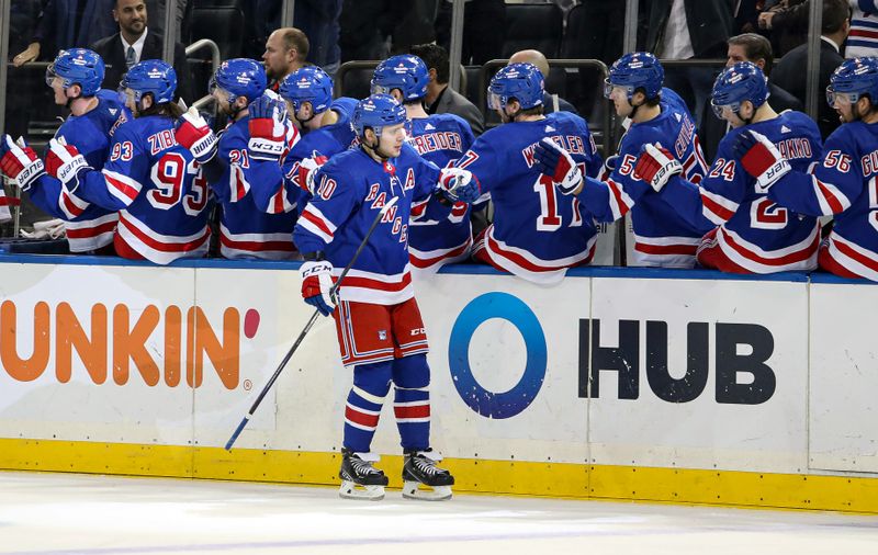 Nov 25, 2023; New York, New York, USA; New York Rangers left wing Artemi Panarin (10) celebrates his goal against the Boston Bruins during the third period at Madison Square Garden. Mandatory Credit: Danny Wild-USA TODAY Sports