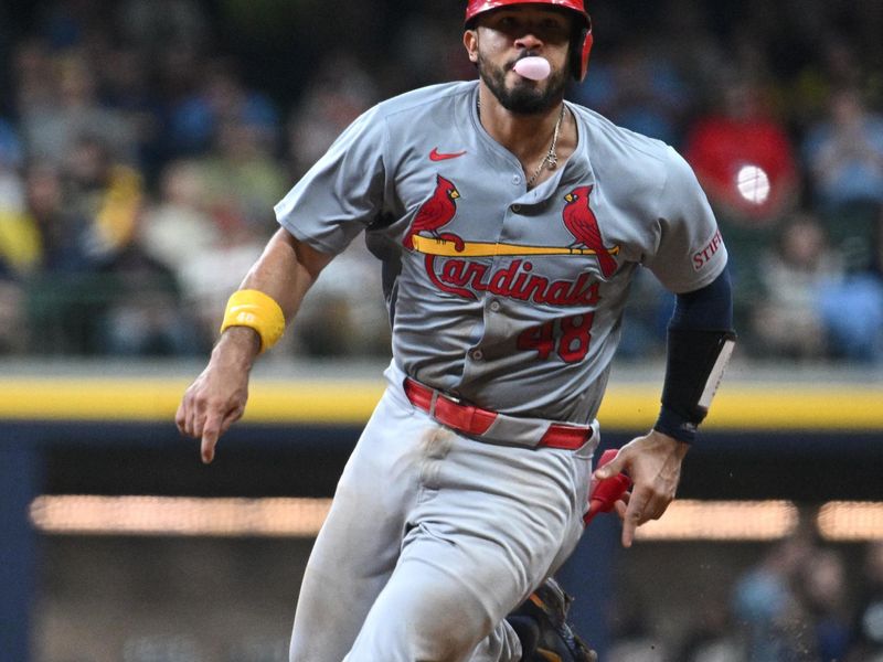 May 10, 2024; Milwaukee, Wisconsin, USA; St. Louis Cardinals catcher Iván Herrera (48) rounds second base and scores from first base against the Milwaukee Brewers in the seventh inning at American Family Field. Mandatory Credit: Michael McLoone-USA TODAY Sports