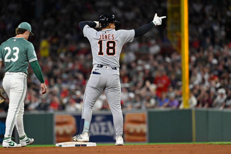 Sep 26, 2025; Boston, Massachusetts, USA; Detroit Tigers designated hitter Jahmai Jones (18) reacts to hitting a two run RBI double against the Boston Red Sox during the fourth inning at Fenway Park. Mandatory Credit: Eric Canha-Imagn Images