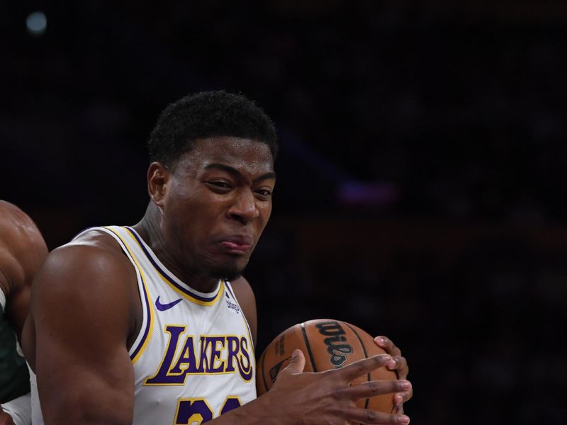 LOS ANGELES, CA - OCTOBER 15: Rui Hachimura #28 of the Los Angeles Lakers drives to the basket during the preseason game on October 15, 2023 at Crypto.Com Arena in Los Angeles, California. NOTE TO USER: User expressly acknowledges and agrees that, by downloading and/or using this Photograph, user is consenting to the terms and conditions of the Getty Images License Agreement. Mandatory Copyright Notice: Copyright 2023 NBAE (Photo by Juan Ocampo/NBAE via Getty Images)