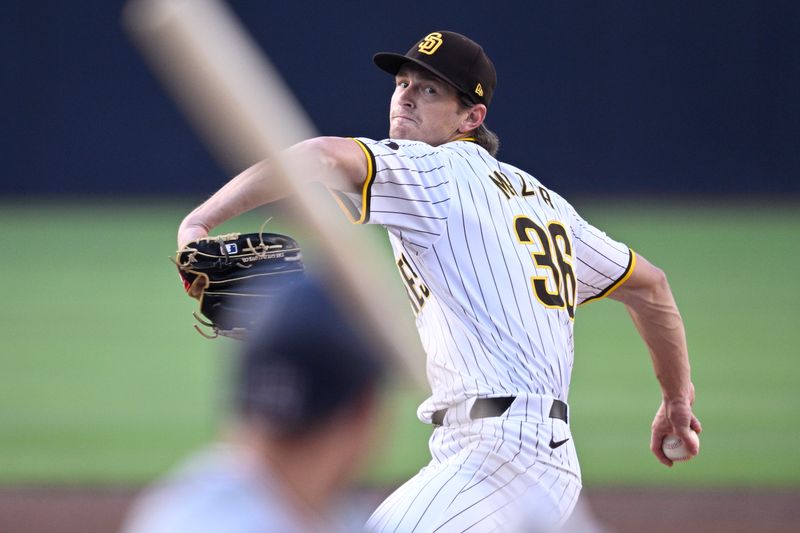 Jun 25, 2024; San Diego, California, USA; San Diego Padres starting pitcher Adam Mazur (36) pitches against the Washington Nationals during the first inning at Petco Park. Mandatory Credit: Orlando Ramirez-USA TODAY Sports