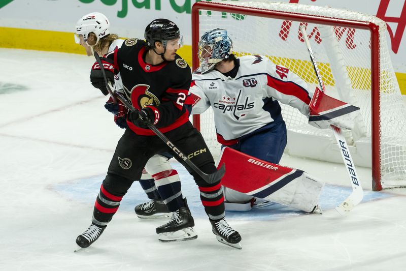 Jan 16, 2025; Ottawa, Ontario, CAN; Ottawa Senators center Nick Cousins (21) battles for position in front of Washington Capitals defenseman Jakob Chychrun (6) and goalie Logan Thompson (48) in the third period at the Canadian Tire Centre. Mandatory Credit: Marc DesRosiers-Imagn Images