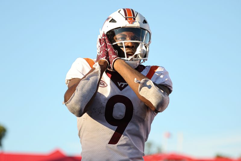 Sep 16, 2023; Piscataway, New Jersey, USA; Virginia Tech Hokies wide receiver Da'Quan Felton (9) reacts after a receiving touchdown during the second half against the Rutgers Scarlet Knights at SHI Stadium. Mandatory Credit: Vincent Carchietta-USA TODAY Sports