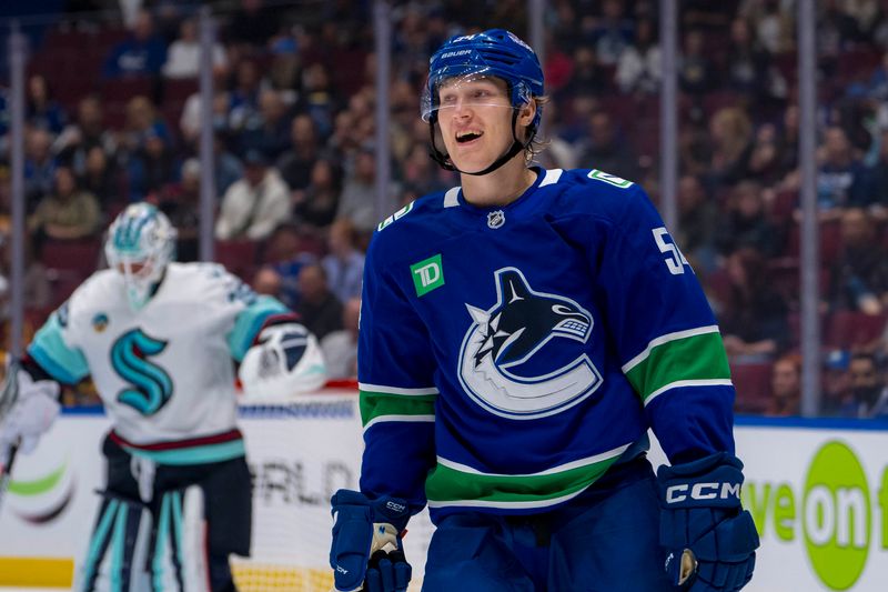 Sep 24, 2024; Vancouver, British Columbia, CAN; Vancouver Canucks forward Aatu Raty (54) smiles during a stop in play against the Seattle Kraken during the first period at Rogers Arena. Mandatory Credit: Bob Frid-Imagn Images