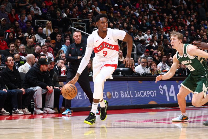 TORONTO, CANADA - JANUARY 6: RJ Barrett #9 of the Toronto Raptors dribbles the ball during the game against the Milwaukee Bucks on January 6, 2025 at the Scotiabank Arena in Toronto, Ontario, Canada.  NOTE TO USER: User expressly acknowledges and agrees that, by downloading and or using this Photograph, user is consenting to the terms and conditions of the Getty Images License Agreement.  Mandatory Copyright Notice: Copyright 2025 NBAE (Photo by Vaughn Ridley/NBAE via Getty Images)