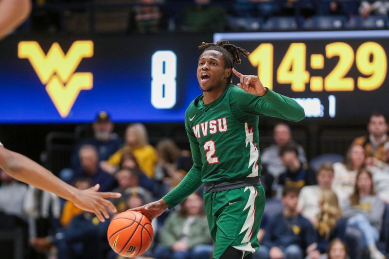 Dec 22, 2025; Morgantown, West Virginia, USA; Mississippi Valley State Delta Devils guard Delkedric Holmes (2) calls out a play during the first half against the West Virginia Mountaineers at Hope Coliseum. Mandatory Credit: Ben Queen-Imagn Images