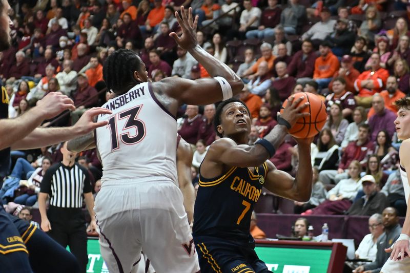 Jan 10, 2026; Blacksburg, Virginia, USA;  California Golden Bears guard Dai Dai Ames (7) looks to shoot as Virginia Tech Hokies forward Amani Hansberry (13) defends during the second half at Cassell Coliseum. Mandatory Credit: Brian Bishop-Imagn Images