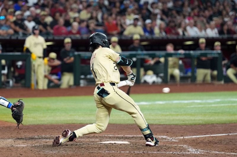 Aug 31, 2024; Phoenix, Arizona, USA; Arizona Diamondbacks outfielder Corbin Carroll (7) hits a sacrifice fly RBI against the Los Angeles Dodgers during the seventh inning at Chase Field. Mandatory Credit: Joe Camporeale-USA TODAY Sports