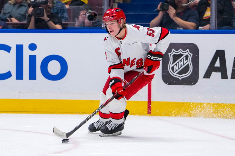 Oct 28, 2024; Vancouver, British Columbia, CAN; Carolina Hurricanes forward Jackson Blake (53) handles the puck against the Vancouver Canucks during the second period at Rogers Arena. Mandatory Credit: Bob Frid-Imagn Images