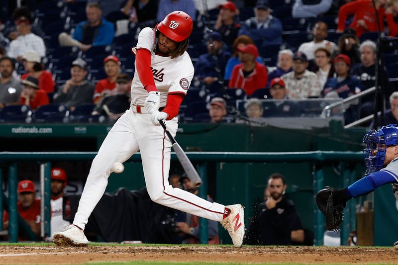 Sep 24, 2024; Washington, District of Columbia, USA; Washington Nationals outfielder James Wood (29) singles against the Kansas City Royals during the eighth inning at Nationals Park. Mandatory Credit: Geoff Burke-Imagn Images