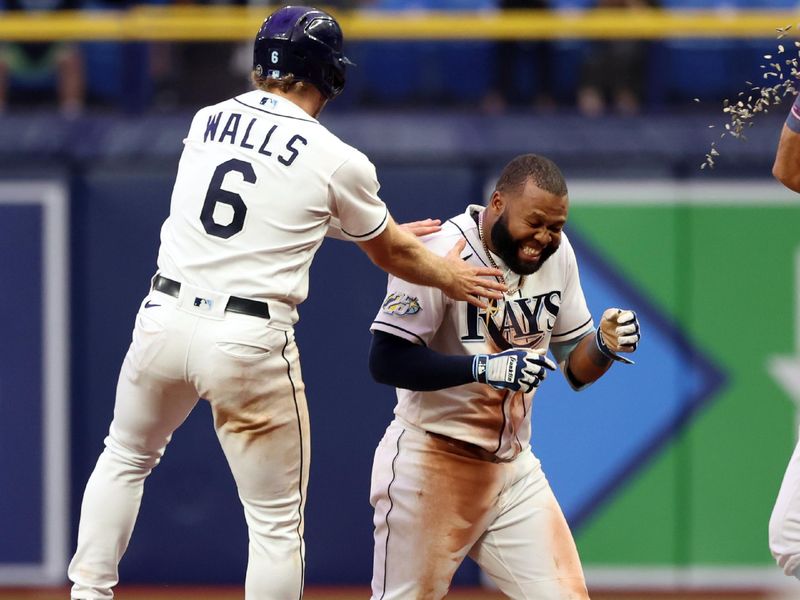 Sep 21, 2023; St. Petersburg, Florida, USA; Tampa Bay Rays center fielder Manuel Margot (13) is congratulated after he hit the game winning walk off RBI during the ninth inning against the Los Angeles Angels at Tropicana Field. Mandatory Credit: Kim Klement Neitzel-USA TODAY Sports